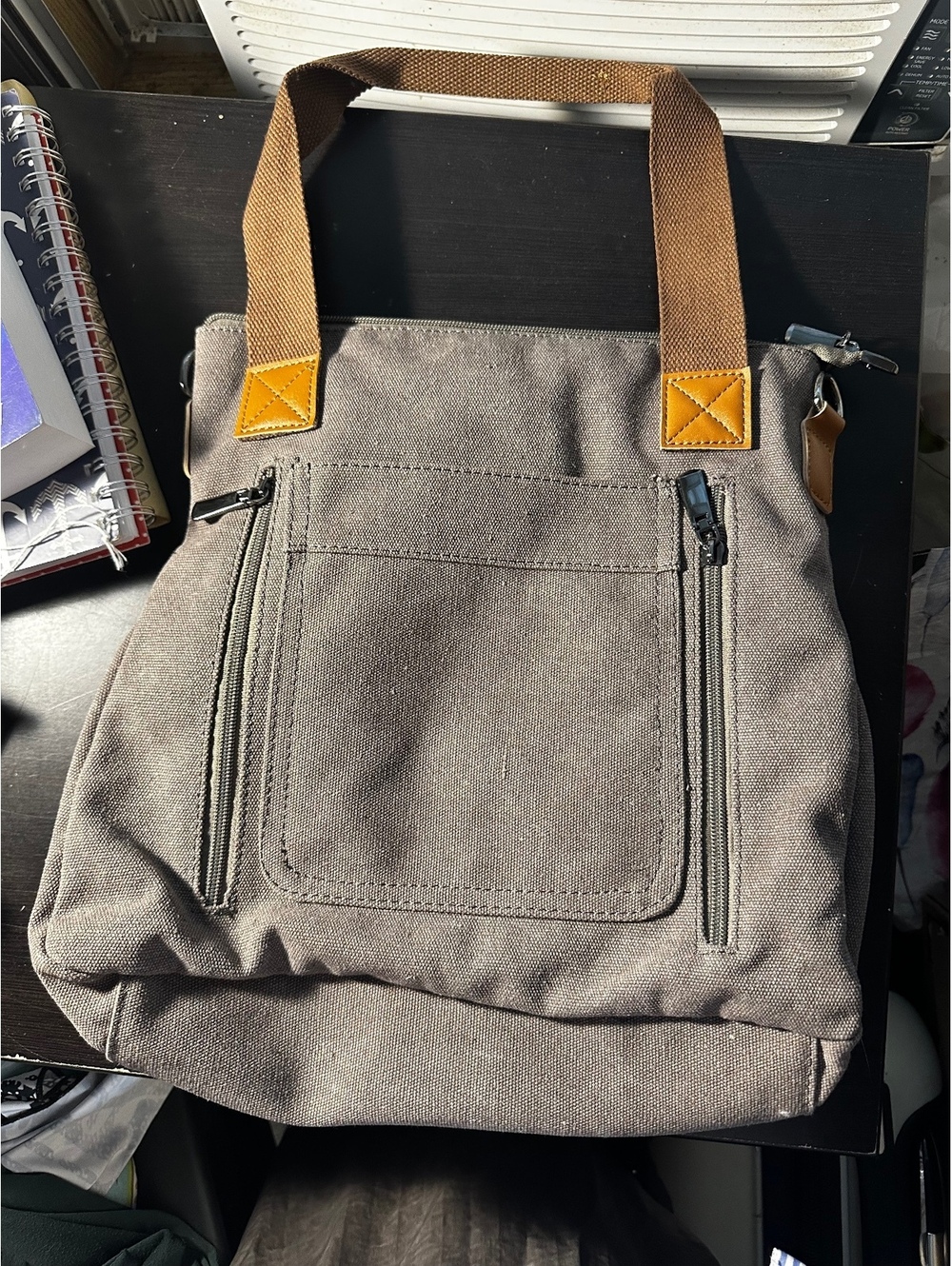 Gray Canvas Tote Bag with Brown Handles and Inner Organizer